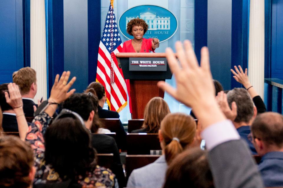 White House press secretary Karine Jean-Pierre takes a question from a reporter during her first press briefing as press secretary at the White House in Washington, Monday, May 16, 2022. 