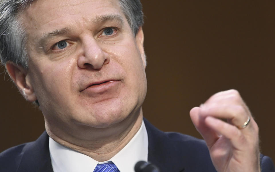 FBI Director Christopher Wray testifies before the Senate Judiciary Committee on Capitol Hill in Washington, Tuesday, March 2, 2021. (Mandel Ngan/Pool via AP)