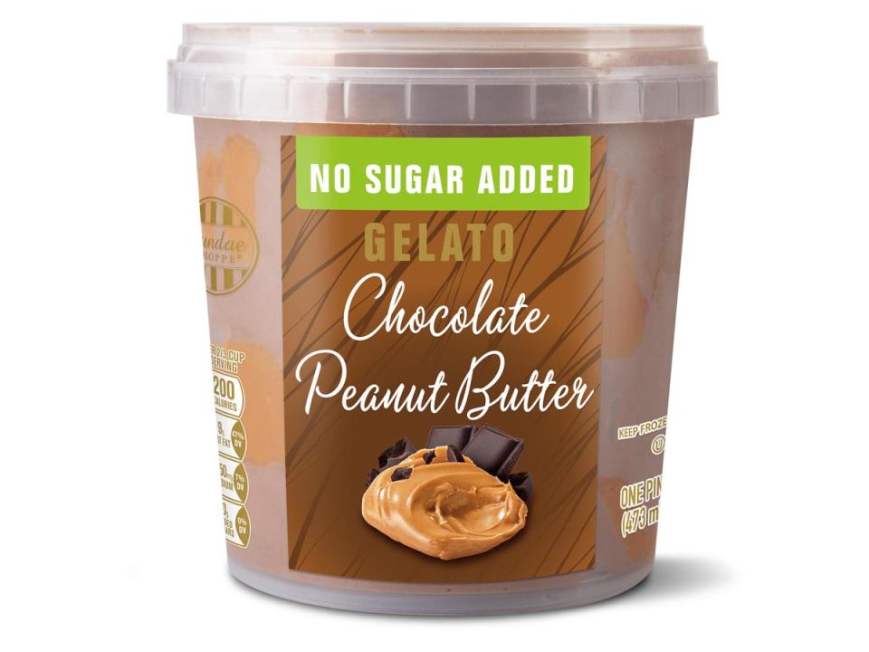Cundae Shoppe no sugar added chocolate-peanut-butter gelato in a brown package