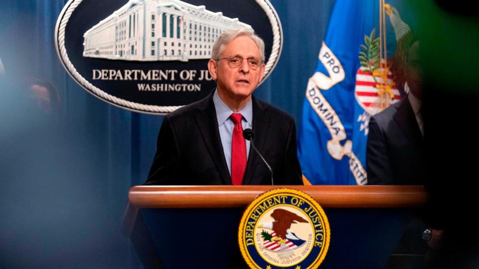 PHOTO: Attorney General Merrick Garland speaks during a news conference at Department of Justice headquarters in Washington, D.C., March 21, 2024. (Jose Luis Magana/AP)