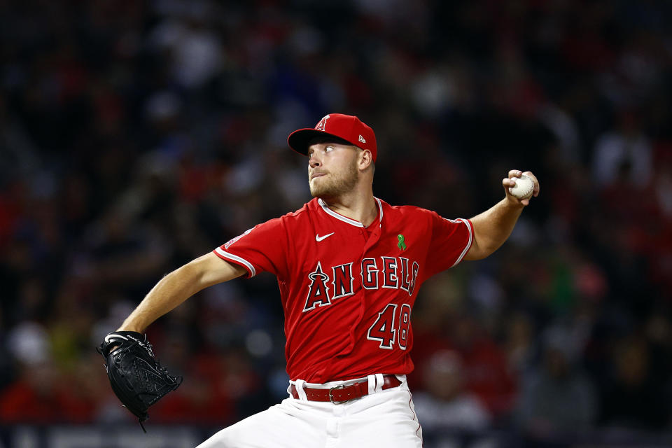 ANAHEIM, CALIFORNIA - MAY 10:  Reid Detmers #48 of the Los Angeles Angels throws against the Tampa Bay Rays in the eighth inning at Angel Stadium of Anaheim on May 10, 2022 in Anaheim, California. / Credit: Getty Images