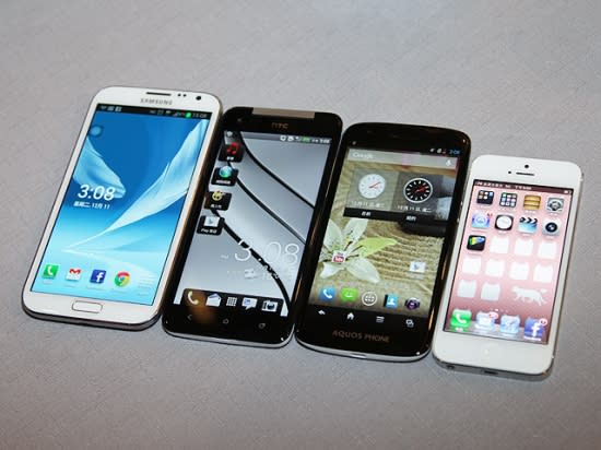 (左起分別為: SAMSUNG Note 2, hTC Butterfly, Sharp AQUOS, iPhone 5)