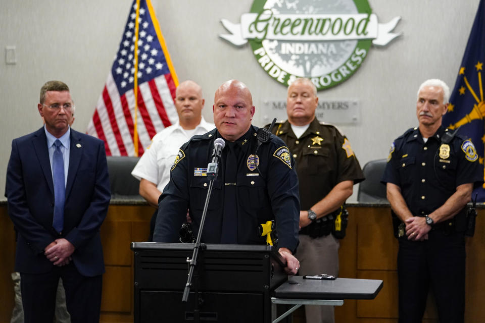 Greenwood Police Chief James Ison speak during a press conference at the Greenwood City Center in Greenwood, Ind., Monday, July 18, 2022. (AP Photo/Michael Conroy)