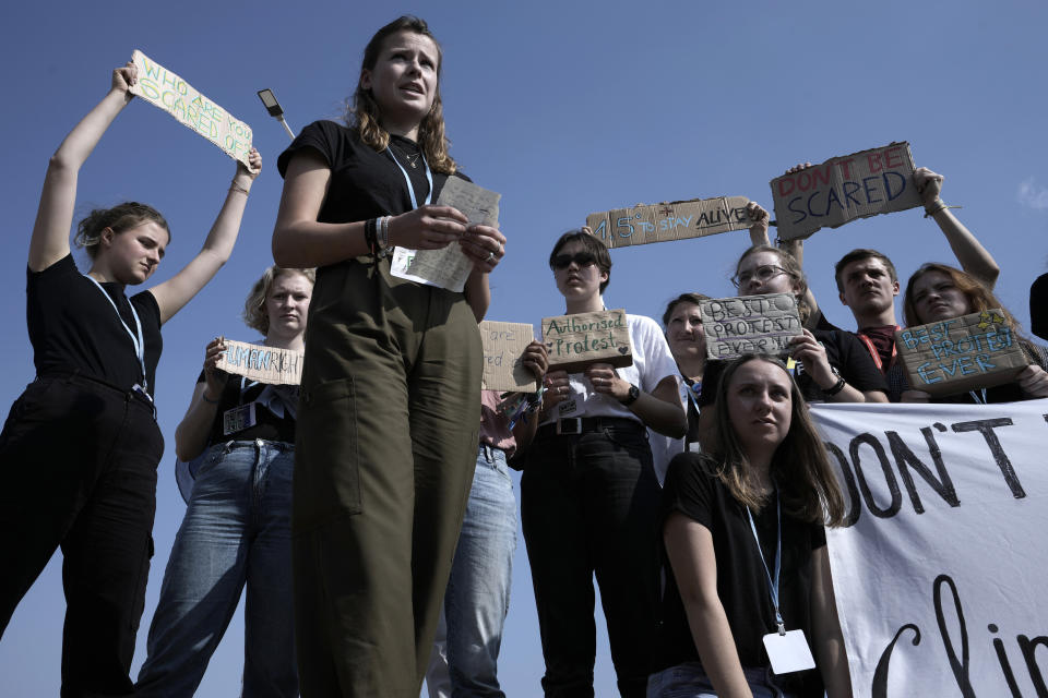 Climate activist Luisa Neubauer, of Germany, participates in a demonstration at the designated protest zone for the COP27 U.N. Climate Summit, Tuesday, Nov. 15, 2022, in Sharm el-Sheikh, Egypt. (AP Photo/Nariman El-Mofty)