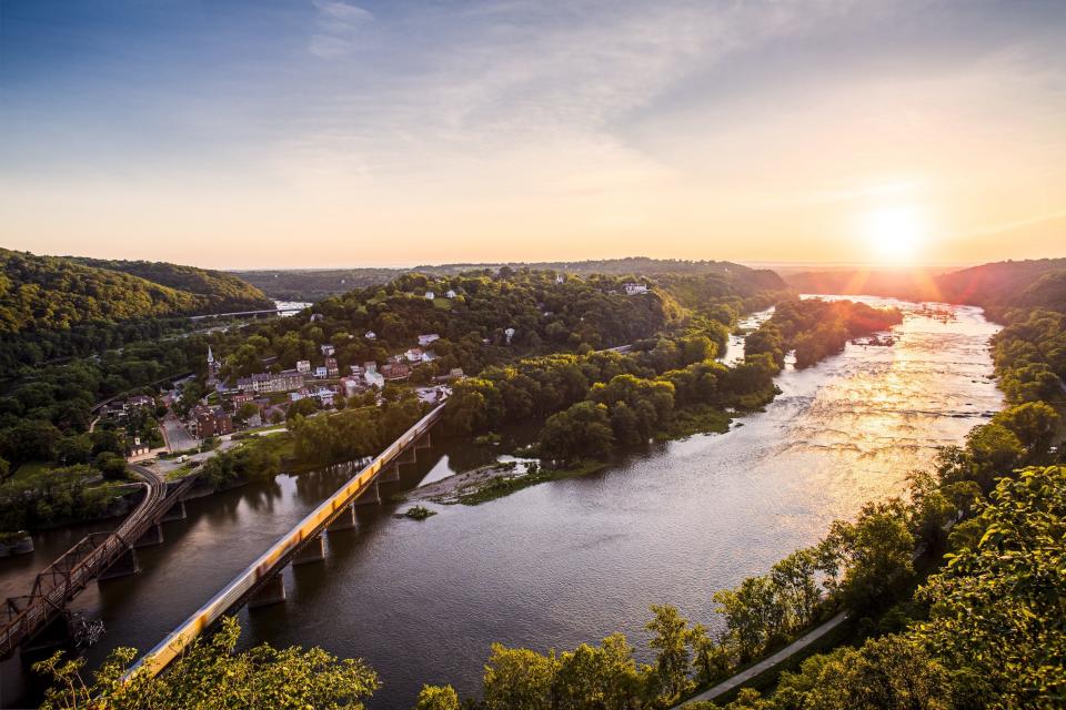 An aerial shot of Harper's Ferry, West Virginia