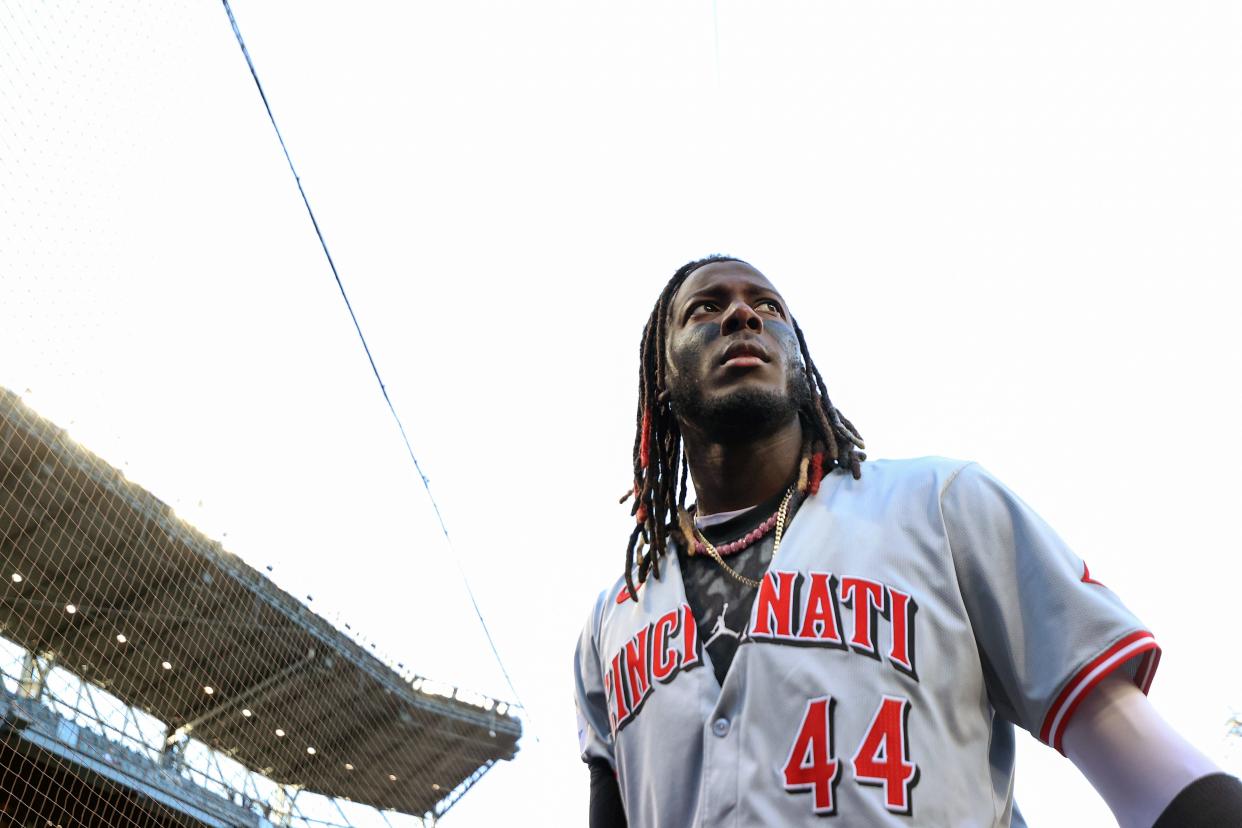 SEATTLE, WASHINGTON - APRIL 16: Elly De La Cruz #44 of the Cincinnati Reds looks on during the first inning against the Seattle Mariners at T-Mobile Park on April 16, 2024 in Seattle, Washington,