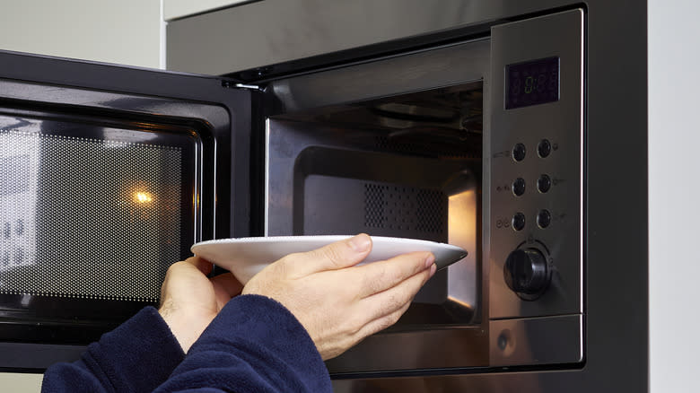 Person putting plate in microwave