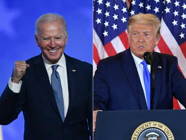 Joe Biden à Wilmington, dans le Delaware, et le président Donald Trump à la Maison Blanche, s'expriment lors de la nuit électorale du 3 au 4 novembre 2020  - ANGELA  WEISS, MANDEL NGAN © 2019 AFP