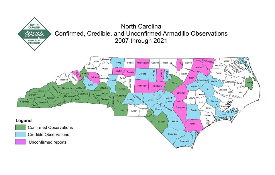 Armadillos have been observed in most North Carolina counties, expanding its range in the past decade.