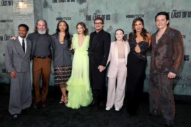 <p>Amy Sussman/GA/The Hollywood Reporter via Getty </p> (Left to right:) Lamar Johnson, Jeffrey Pierce, Storm Reid, Nico Parker, Pedro Pascal, Bella Ramsey, Merle Dandridge and Gabriel Luna at the Los Angeles premiere of "The Last of Us" in 2023
