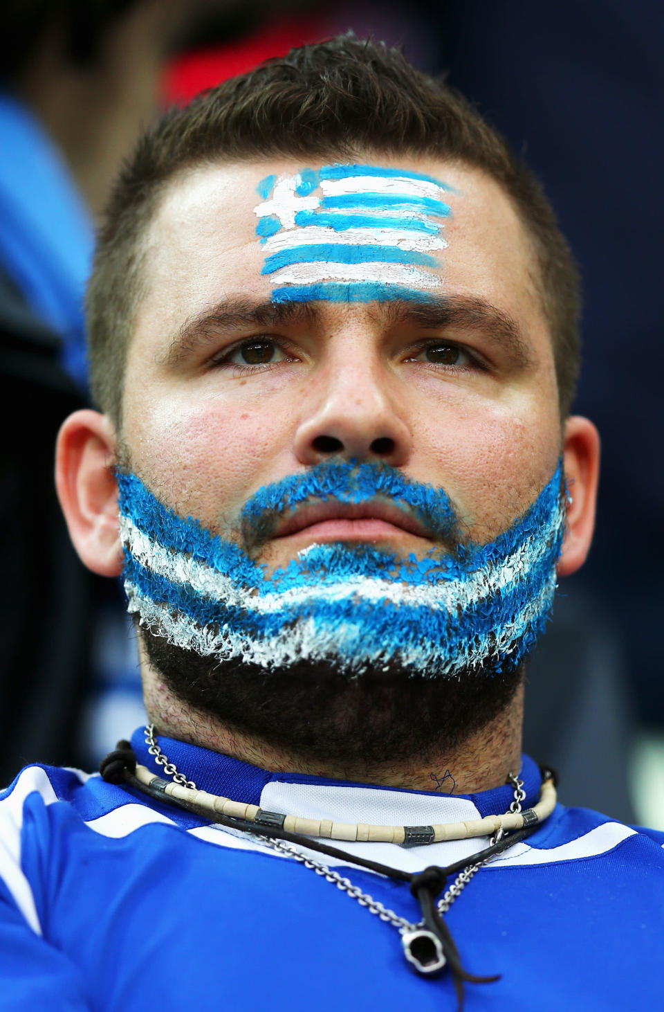 GDANSK, POLAND - JUNE 22: A Greece fan looks on during the UEFA EURO 2012 quarter final match between Germany and Greece at The Municipal Stadium on June 22, 2012 in Gdansk, Poland. (Photo by Alex Grimm/Getty Images)