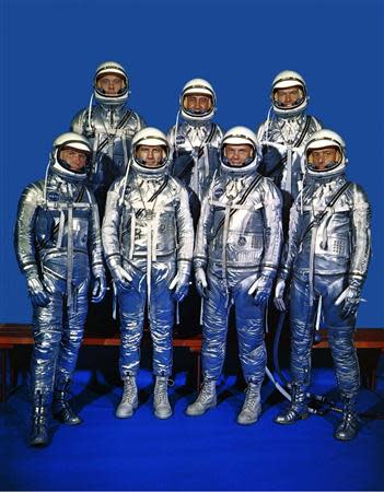 The original seven Mercury astronaut pose at NASA Langley Research Center in this undated NASA handout file photo. Back row from left, are: Alan Shepard, Virgil "Gus" Grissom and L. Gordon Cooper; front row, Walter Schirra, Donald "Deke" Slayton, John Glenn and Scott Carpenter. Carpenter, who orbited Earth in 1962, died October 10, 2013 in a Denver hospice center at age 88 of complications from a stroke, his wife Patty Carpenter said. REUTERS/NASA/Handout