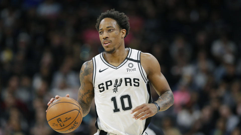 Spurs forward DeMar DeRozan (10) during the second half of an NBA basketball game against the Orlando Magic in San Antonio, Saturday, Feb. 29, 2020. (AP Photo/Eric Gay)