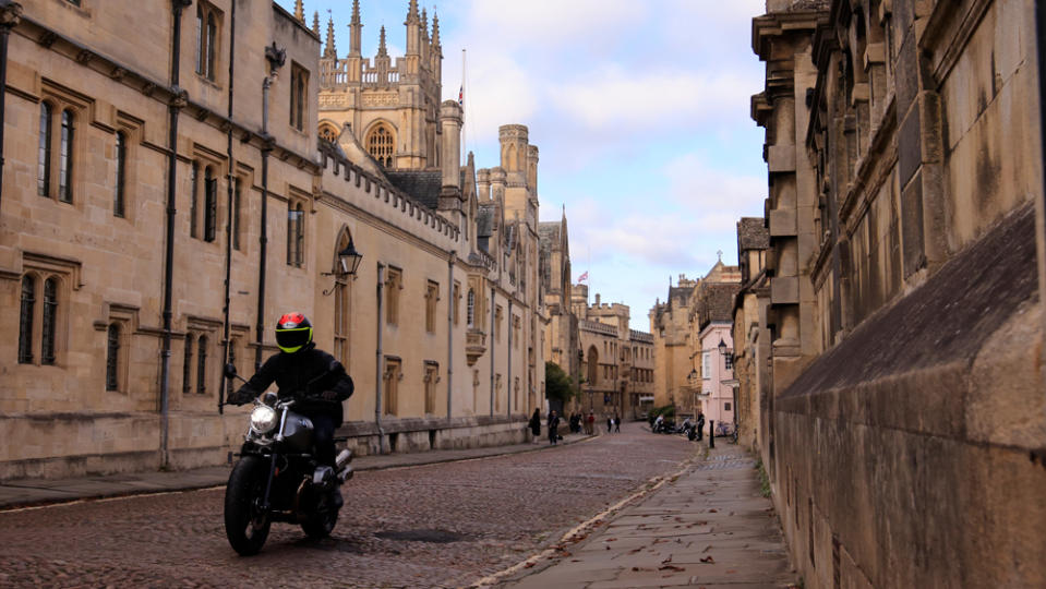 Riding the BMW R nineT through Oxford.