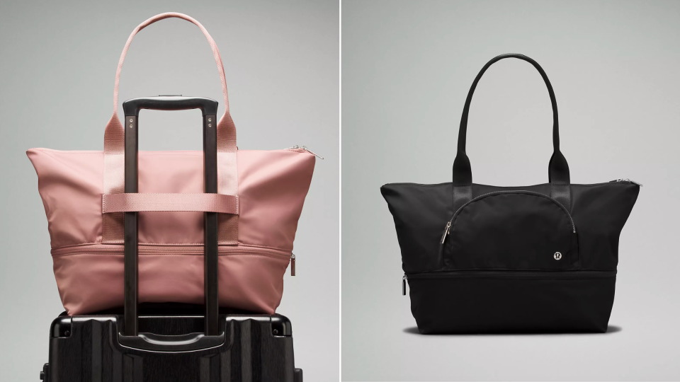 lululemon City Adventurer Tote Bag 27L in pink on black suitcase and City Adventurer Tote Bag 27L in blackThis expandable tote is perfect for travelling this summer (photos via Lululemon).