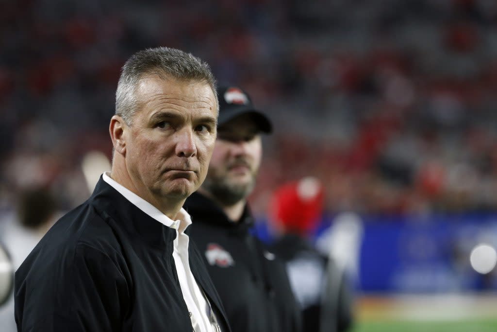 Former Ohio State Buckeyes head coach Urban Meyer looks on during the College Football Playoff Semifinal between the Ohio State Buckeyes and the Clemson Tigers at the PlayStation Fiesta Bowl at State Farm Stadium on December 28, 2019 in Glendale, Arizona. (Photo by Ralph Freso/Getty Images)