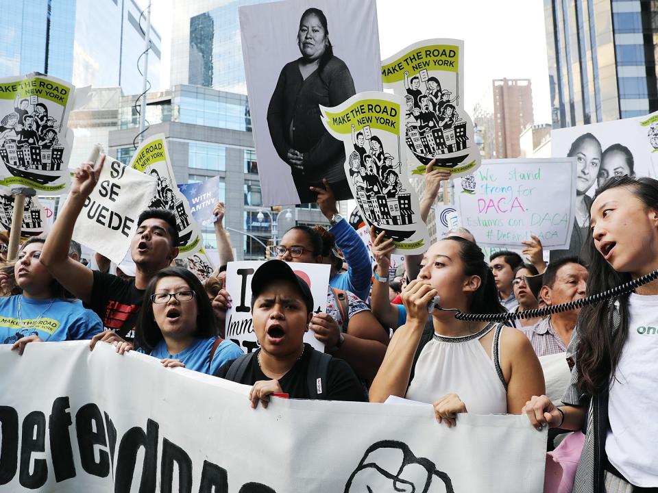 Immigration supporters attend a rally and march to Trump Tower in support of the DACA program on August 30, 2017 in New York City.