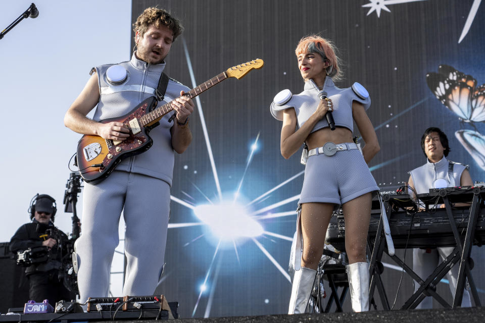 Achille Trocellier, left, and Flore Benguigui of L'Imperatrice perform during the the first weekend of the Coachella Valley Music and Arts Festival at the Empire Polo Club on Friday, April 12, 2024, in Indio, Calif. (Photo by Amy Harris/Invision/AP)