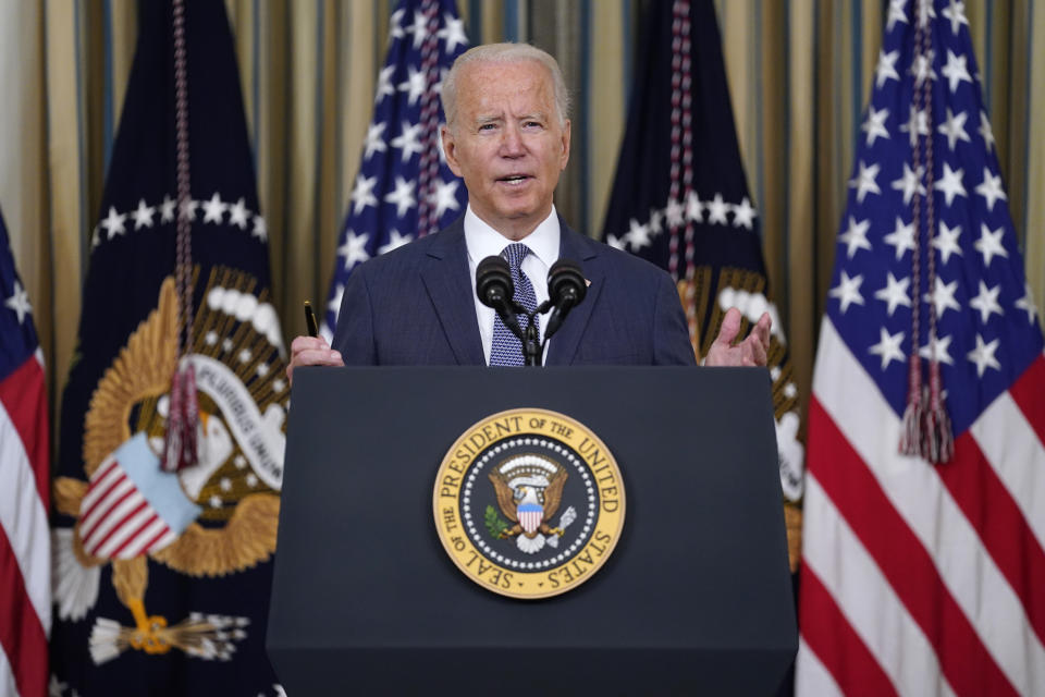 President Joe Biden speaks before signing an executive order aimed at promoting competition in the economy, in the State Dining Room of the White House, Friday, July 9, 2021, in Washington. (AP Photo/Evan Vucci)