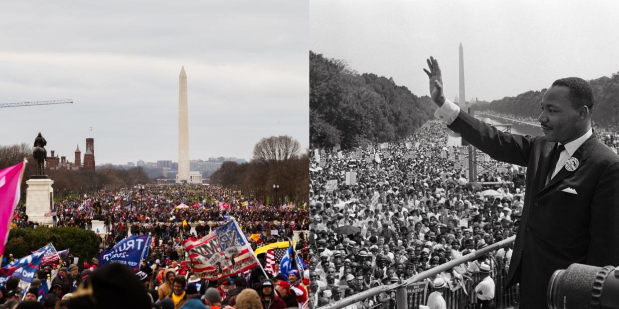 Composite image of crowd of Jan. 6, 2021 rally and MLK Jr's crowd for his "I Have a Dream" speech.