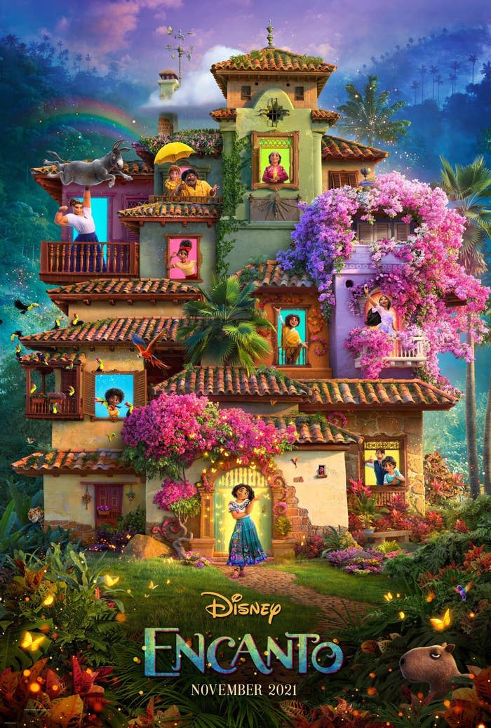 A poster for Encanto showing the Madrigal family's enchanted house