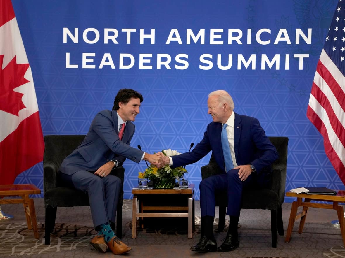 Prime Minister Justin Trudeau meets with U.S. President Joe Biden at the InterContinental Presidente Mexico City hotel in Mexico City on Tuesday. (Adrian Wyld/The Canadian Press - image credit)