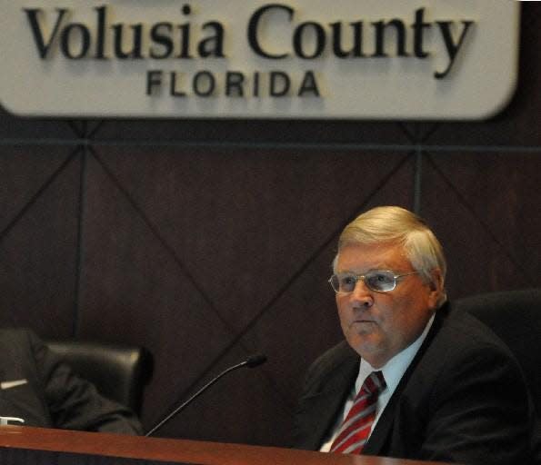 Fred Lowry, a Volusia County Council member shown at a 2021 meeting, received an endorsement from Gov. Ron DeSantis Monday for his Volusia County School Board District 5 race with board Chair Ruben Colon.