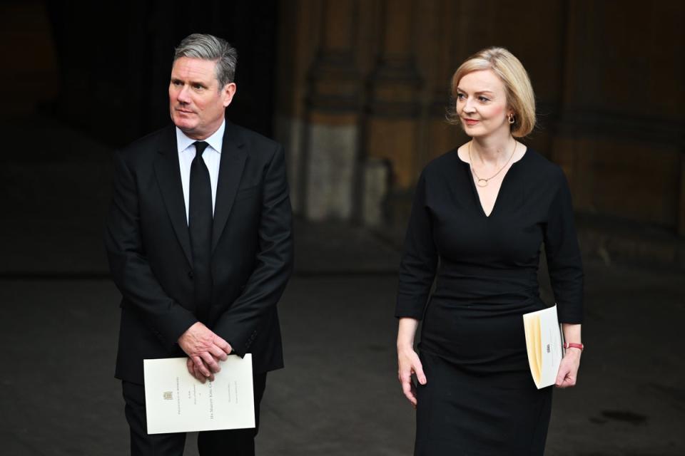 Labour leader Sir Keir Starmer and Prime Minister Liz Truss leave Westminster Hall after both Houses of Parliament expressed their condolences following the Queen’s death (Leon Neal/PA) (PA Wire)