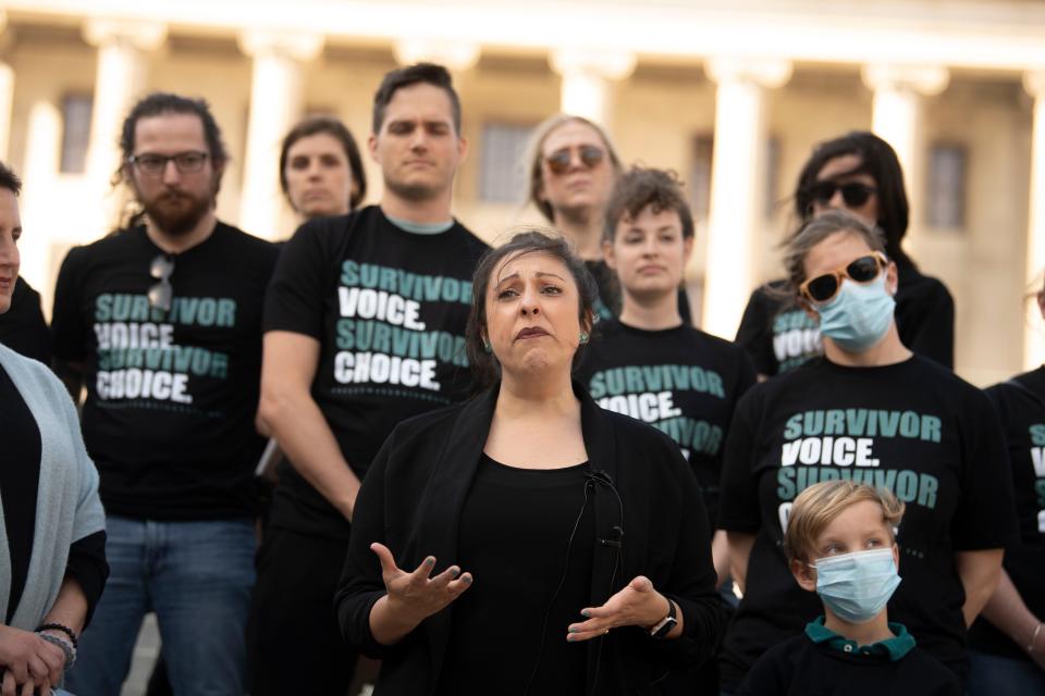 Lorraine McGuire, vice president at the Nashville-based Sexual Assault Center, speaks outside the state Capitol during a news conference about a bill being presented on limited access to abortion for rape and incest victims in Nashville , Tenn., Monday, Feb. 27, 2023.