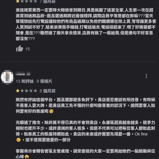 消費者抱怨店員服務態度非常糟糕，還買到過期兩周的商品。(圖／Google Map)