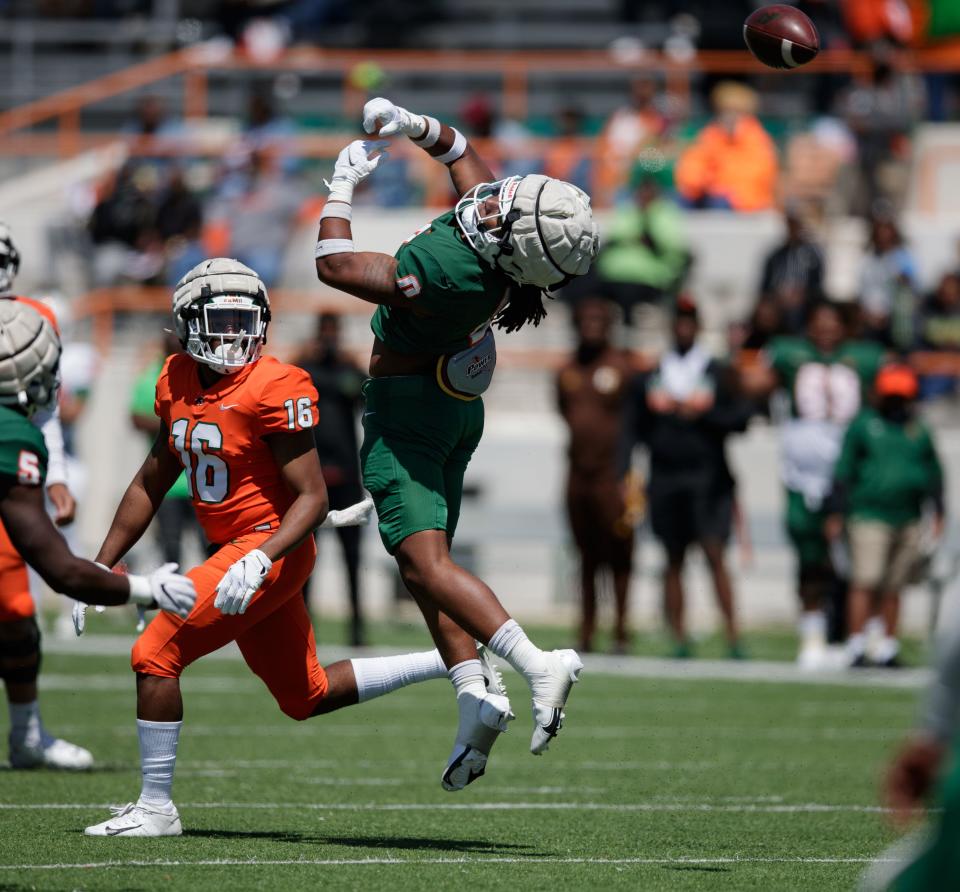 Florida A&M linebacker Isaiah Major defends a pass in Saturday's spring game at Bragg Memorial Stadium.