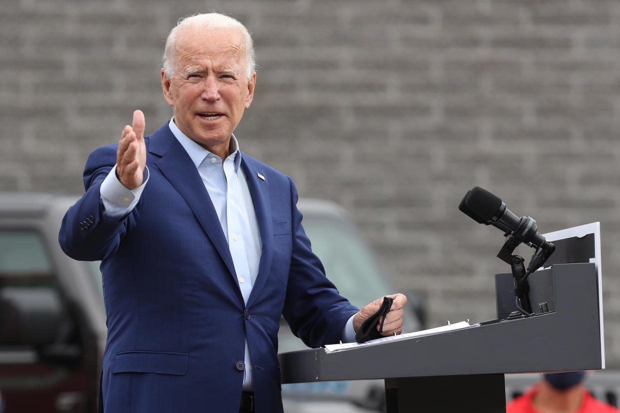 Democratic presidential nominee and former Vice President Joe Biden delivers remarks in the parking lot outside the United Auto Workers Region 1 offices on September 09, 2020 in Warren, Michigan. (Chip Somodevilla/Getty Images)