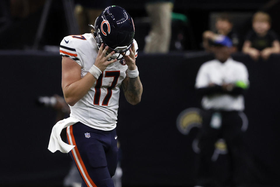 Chicago Bears quarterback Tyson Bagent (17) walks off the field after throwing an interception during the second half of an NFL football game against the New Orleans Saints in New Orleans, Sunday, Nov. 5, 2023. (AP Photo/Butch Dill)