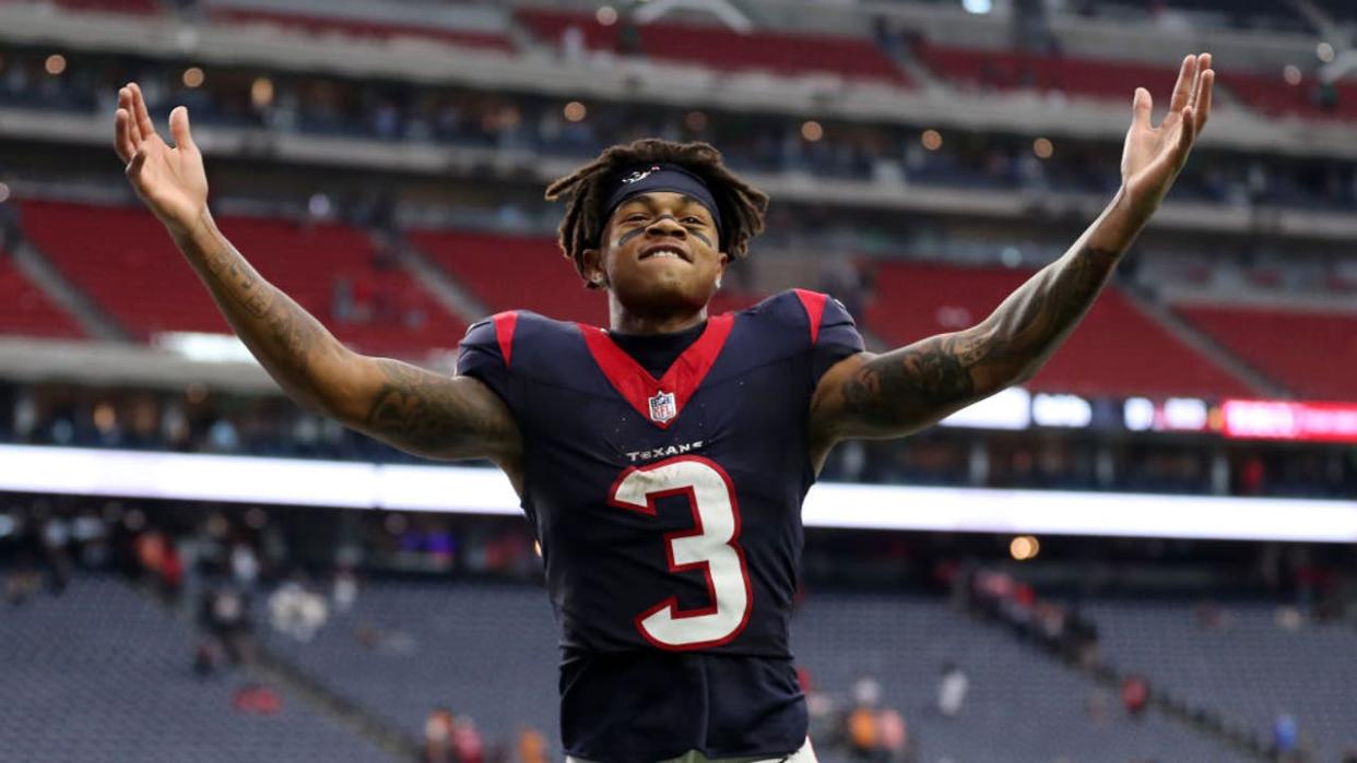 <div>HOUSTON, TEXAS - NOVEMBER 05: Tank Dell #3 of the Houston Texans celebrates after the Texans defeated the Tampa Bay Buccaneers, 39-37, at NRG Stadium on November 05, 2023 in Houston, Texas. (Photo by Tim Warner/Getty Images)</div>