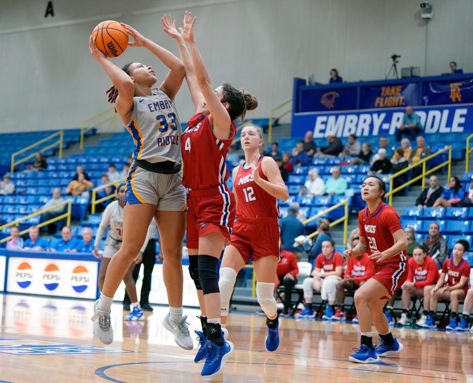 Embry-Riddle's Laurie Satchell (33) attempts to shoot during a game with Florida Southern, Wednesday, Feb. 7, 2024.
