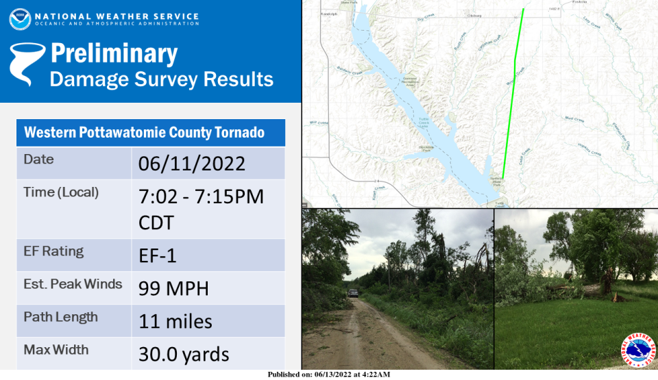 This graphic posted on the website of the National Weather Service's Topeka office tells about a tornado that touched down Saturday in western Pottawatomie County.