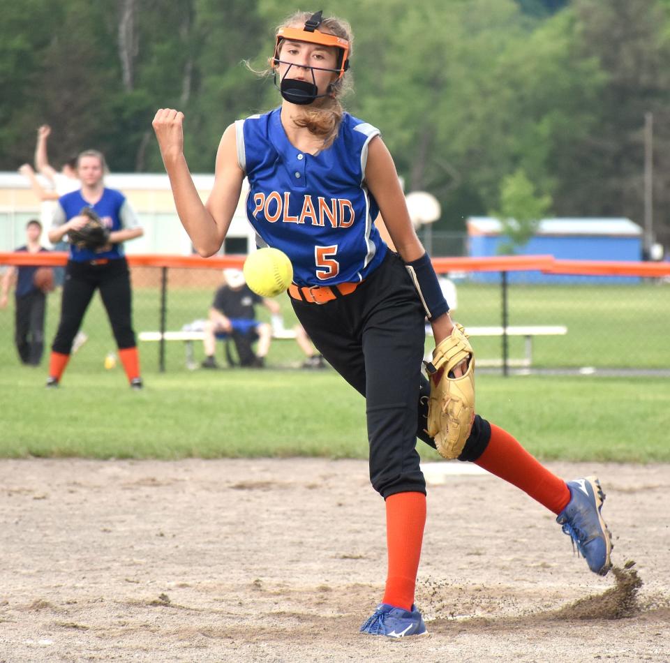 Poland Tornado Shelbi Hagues delivers a pitch during a 2021 Section III playoff game. She helped Poland get back to the sectional finals this spring and earned a third-team all-state selection.