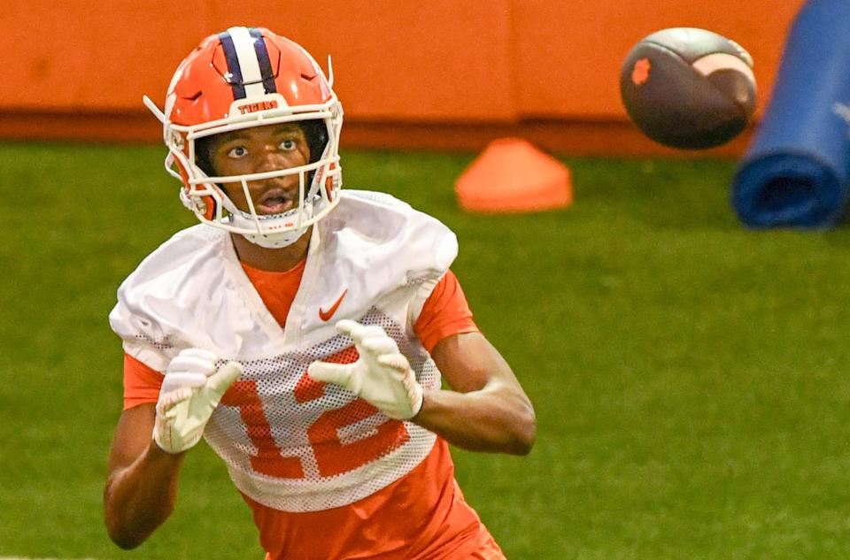Clemson wide receiver Bryant Wesco Jr. (12) during Spring practice at the Poe Indoor Practice Facility at the Allen N. Reeves football complex in Clemson S.C. Friday, March 1, 2024.