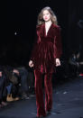 <b>Diane Von Furstenburg AW 13 runway show<br></b><br>70s chic came in the form of this burgundy velvet draped smock top and trousers.<br><br>©Rex<b><br></b>