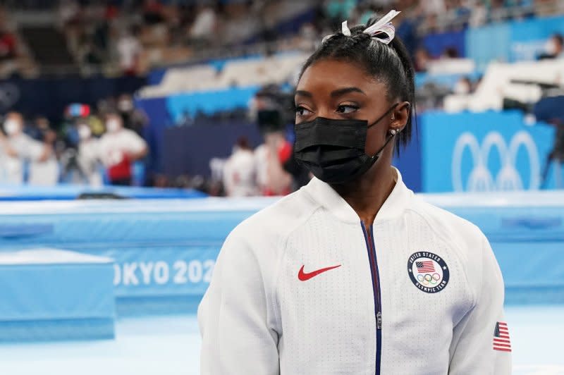 Simone Biles (pictured), who scored a 118.45, Shilese Jones (114.55) and Lean Wong (111.1) topped the podium in the women's all-around at the 2023 World Gymnastics Championships on Sunday in San Jose, Calif. File Photo by Richard Ellis/UPI