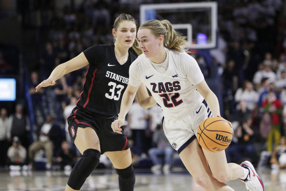 Gonzaga guard Brynna Maxwell (22) drives while pressured by Stanford guard Hannah Jump (33) during the second half of an NCAA college basketball game, Sunday, Dec. 3, 2023, in Spokane, Wash. (AP Photo/Young Kwak)