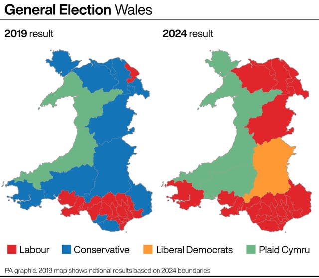 General Election 2024 Wales result comparison showing the loss of all Tory seats 