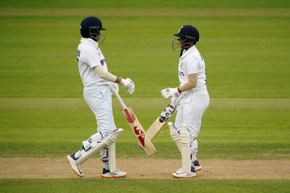 <p>India's Shafali Verma (left) and Deepti Sharma during day three of the Women's International Test match at the Bristol County Ground. Picture date: Friday June 18, 2021.</p>
