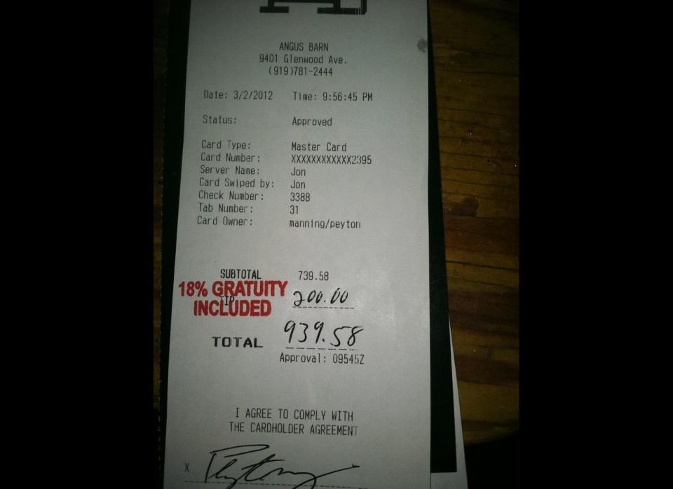 Indianapolis Colts quarterback Peyton Manning left $200 in addition to the 18 percent gratuity on his bill at Angus Barn in Raleigh, North Carolina where he had a meal with his friends last Friday, <a href="http://deadspin.com/5891136/peyton-manning-leaves-insanely-good-tips-at-restaurants" target="_hplink">according to Deadspin. </a>    Photo by <a href="http://www.sportshoopla.com/forums/nhl-hockey-forum-message-board-general-discussion/64542-ot-just-peyton-manning-not-cheap-bastard.html" target="_hplink">Bizzle McDizzle</a>