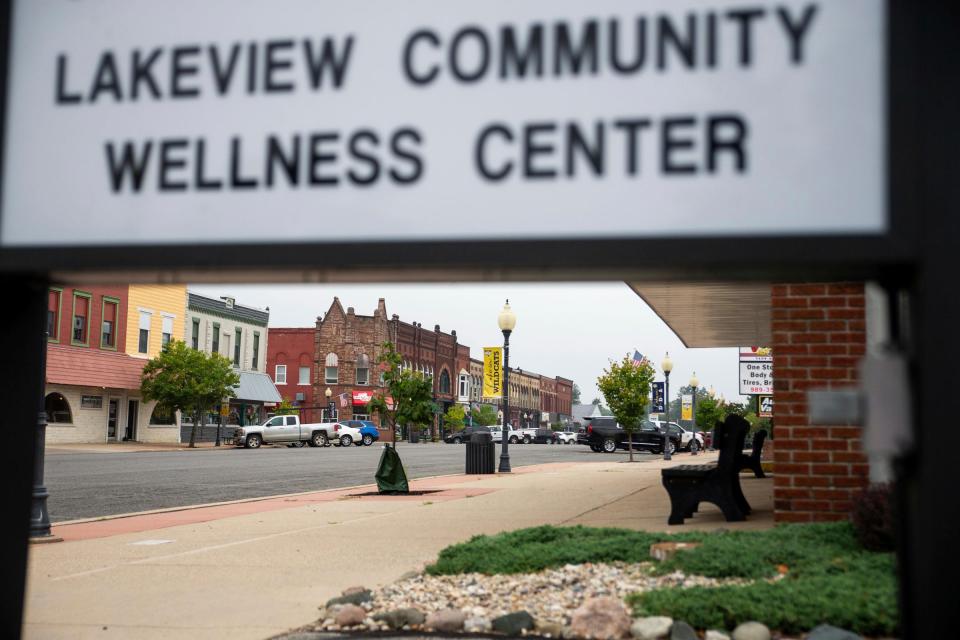 Downtown Lakeview and its businesses stand Thursday, Aug. 24, 2023. The community of around 1,000 residents are concered about the upcoming closure of their 100-year-old hospital in October.