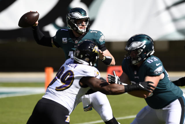 Philadelphia Eagles offensive tackle Jack Driscoll (63) reacts during the  second half of an NFL football