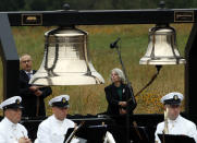 <p>Bill Anders, left, and Sharon Custer ring bells as part of the Name Presentation and Ringing of Bells Remembrance during the September 11th Flight 93 Memorial Service in Shanksville, Pa., attended by President Donald Trump and first lady Melania Trump, Tuesday, Sept. 11, 2018. (Photo: Gene J. Puskar/AP) </p>