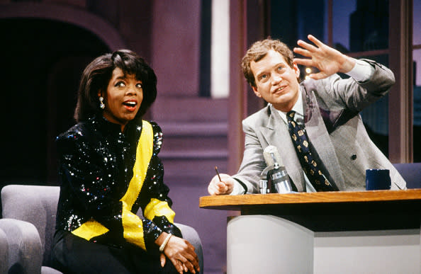 LATE NIGHT WITH DAVID LETTERMAN — Episode 1135 — Pictured: (l-r) Talk show host Oprah Winfrey during an interview with host David Letterman on May 2, 1989 — (Photo by: Paul Natkin/NBCU Photo Bank/NBCUniversal via Getty Images via Getty Images)