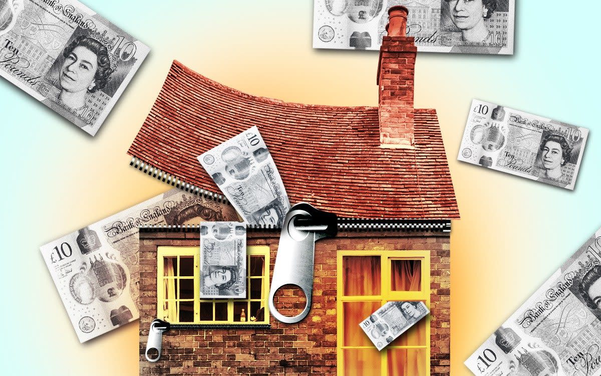 money floating out of a house's unzipped roof