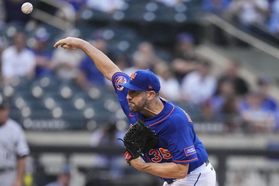 New York Mets' Justin Verlander pitches during the first inning of the team's baseball game against the Chicago White Sox on Wednesday, July 19, 2023, in New York. (AP Photo/Frank Franklin II)